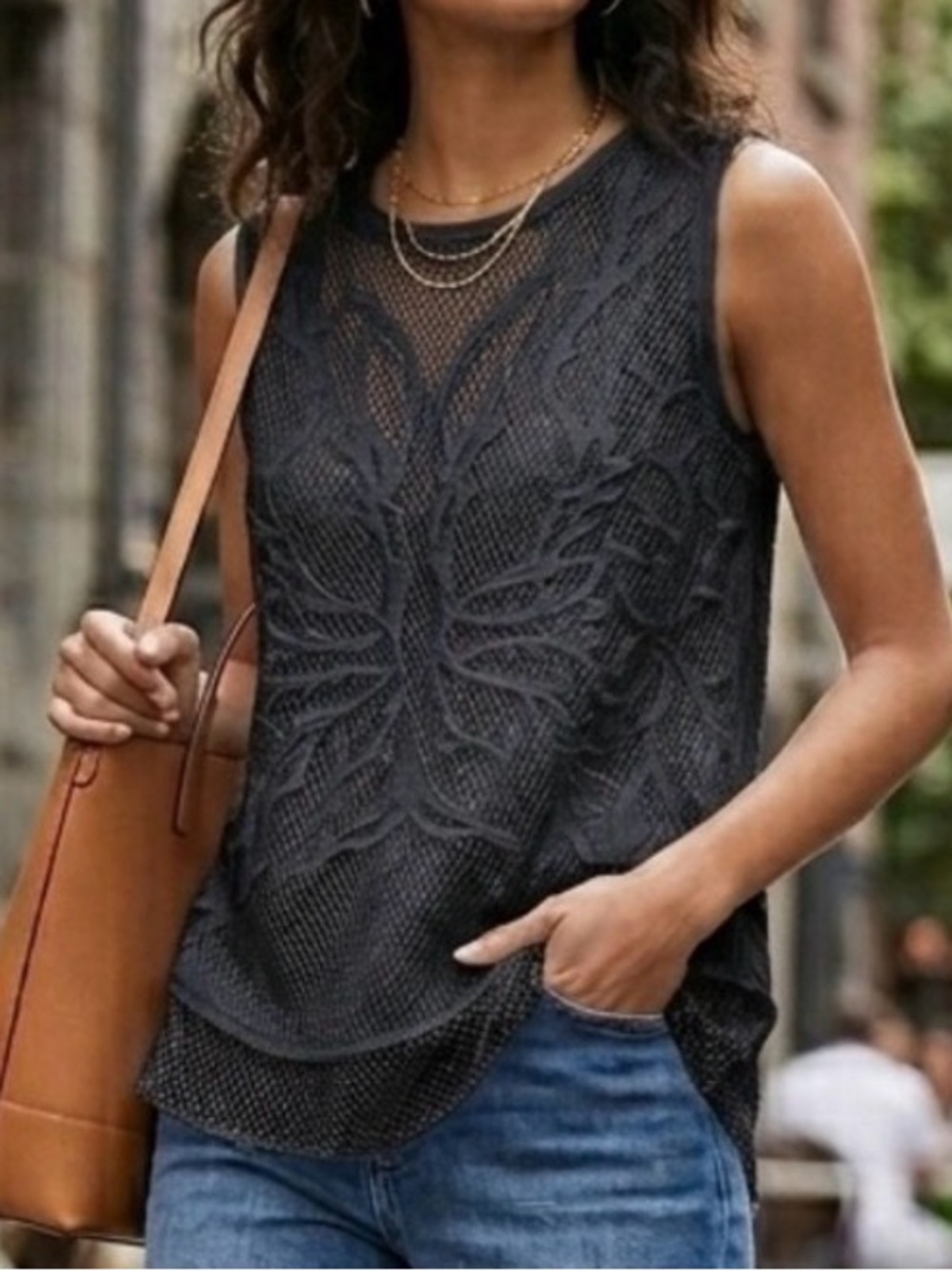 Trouve Nordstrom Cotton Black Tank Top Small Embroidered Mesh Office Boho Casual